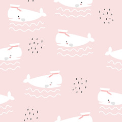 Seamless pattern with cute sperm whale . A Scandinavian-style whale. For printing on fabric, paper, children's clothing. - 295032476