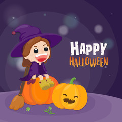 Halloween greeting card with cute witch flying on magic broom. Vector illustraion 