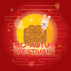 Fototapeta na wymiar Mid-Autumn festival greeting card. White rabbit and moon cake with fullmoon on red background.