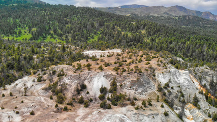 Yellowstone Mammoth Hot Springs, overhead aerial view of rocks and their beautiful colors