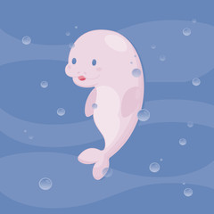 Cute little sea cow diving in the sea background. Vector illustration Dugong.