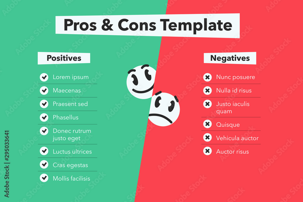 Aufkleber Green-red simple infographic for pros and cons with funny emoji symbols. Easy to use for your website or presentation.