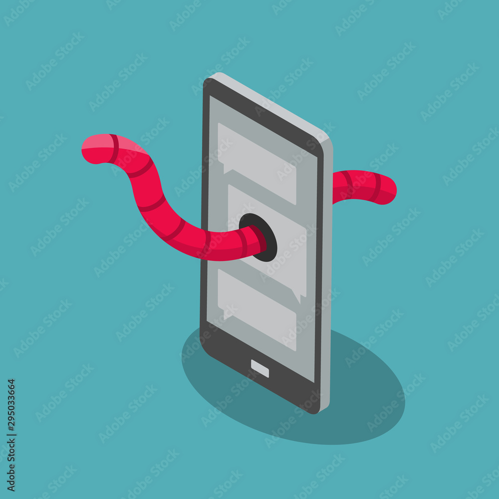 Leinwandbilder worm cyber attack symbol with cell phone and red worm isolated on blue background. flat design, easy
