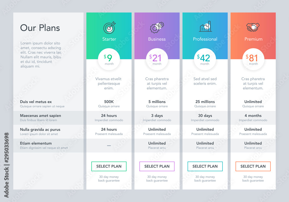 Poster Modern pricing comparison table with four subscription plans and place for description. Flat infographic design template for website or presentation.