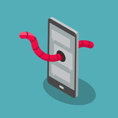 Worm cyber attack symbol with cell phone and red worm isolated on blue background. Flat design, easy to use for your website or presentation.