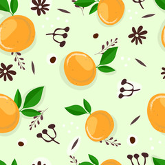 Seamless pattern with cartoon oranges, leaves, flowers, decor elements on a neutral background. vector. hand drawing. design for fabric, wrapper, textile, print