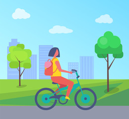 Woman riding on bike on background of green trees and houses. Vector teenager girl on bicycle in city park, having fun outdoors in summertime concept
