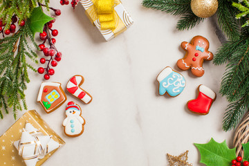 Christmas background with decorative christmas gingerbread cookies and ornaments