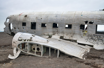Fototapeta na wymiar Abandoned wreck interior of a US military plane on Solheimasandur beach near Vik, Iceland