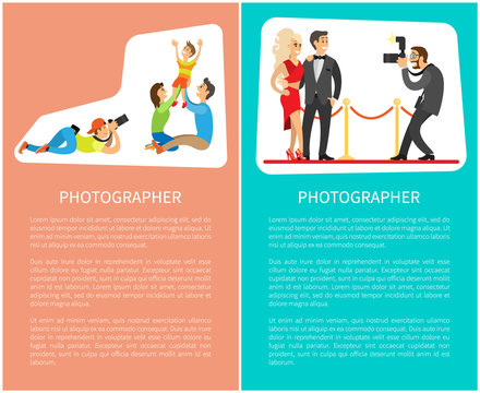Photographer professional taking pictures of young family parents and kid, photographing celebrities. Studio paparazzi in work cartoon vector posters text