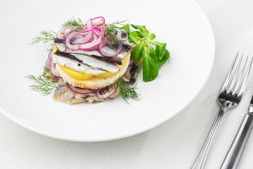 Appetizer food, salted herring, butter and red onion on white plate. Selective focus. Horizontal view from above, top shot. White background.
