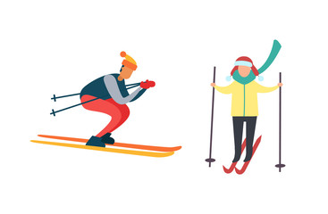 Skiing winter activities sport and hobby vector. People leading active lifestyle wintertime. Males with equipment to ski carefully and professionally