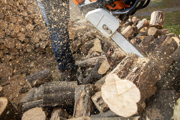 Chainsaw in action cutting wood. Man cutting wood with saw, dust and movements. Chainsaw. Close-up...