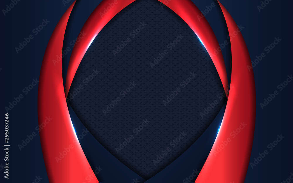 Poster dark blue paper shapes overlapping background with red color on carbon fiber texture. luxury and mod