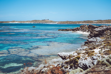 Rottnest Island, Perth, Western Australia. Beautiful clear blue waters with unique landscape, shot aerially with a drone. The island is perfect for swimming, snorkelling and exploring. 