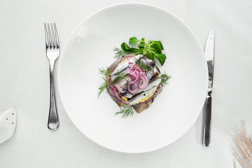 Appetizer food, salted herring, butter and red onion on white plate. Selective focus. Horizontal view from above, top shot. White background.