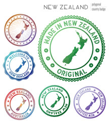 New Zealand badge. Colorful polygonal country symbol. Multicolored geometric New Zealand logos set. Vector illustration.