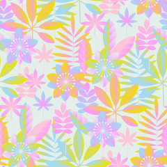 Fototapeta na wymiar Pastel neon tropical flora seamless pattern for fabric