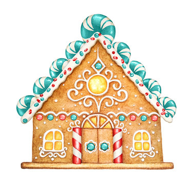 Watercolor illustration of the gingerbread house with sweets.