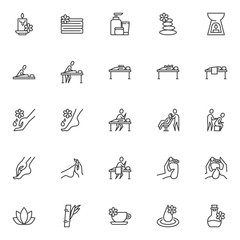 Massage therapy line icons set. Spa salon linear style symbols collection, outline signs pack. vector graphics. Set includes icons as aroma oil bottle, zen stones, lotus flower, aromatherapy, candle