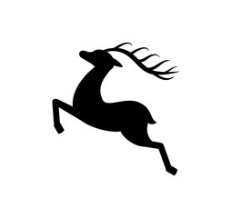 Reindeer silhouette black monochrome icon isolated on white. Deer animal running or jumping, mammal with branched horns, symbol of New Year and Christmas