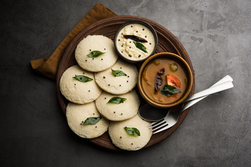 Idli Sambhar or Idly Sambar is a popular south Indian food, served with coconut chutney. selective...