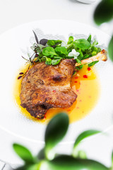Roast duck leg with mango sauce, salade and chilli pepper on white plate, closeup. Vertical view from above, top shot. White background.