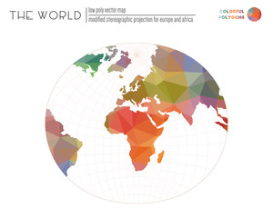 Triangular mesh of the world. Modified stereographic projection for Europe and Africa of the world. Colorful colored polygons. Stylish vector illustration.