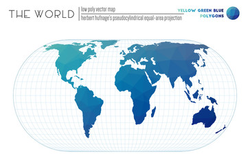 Polygonal map of the world. Herbert Hufnagel's pseudocylindrical equal-area projection of the world. Yellow, Green, Blue colored polygons. Awesome vector illustration.