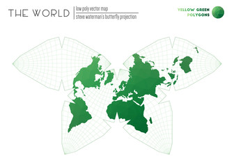 Abstract geometric world map. Steve Waterman's butterfly projection of the world. Yellow Green colored polygons. Awesome vector illustration.