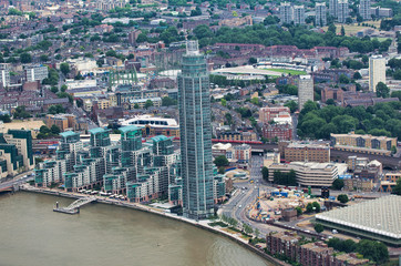 Fototapeta na wymiar Aerial view of London skyline along River Thames. Vauxhall district