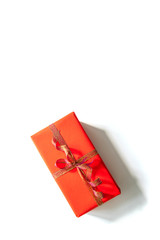 Creative Christmas composition of gift box with gold tape on background. Top view with copy space.