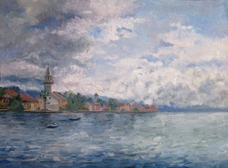 Old town in Croatia. Grey summer day. Oil painting.