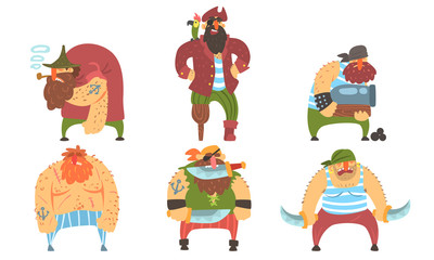 Obraz na płótnie Canvas Funny Brave Sailors Pirates, Male Buccaneers Cartoon Characters Vector Illustration