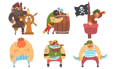 Muurstickers Piraten Grappige dappere zeilers piraten en kapitein set, mannelijke zeerovers stripfiguren vectorillustratie