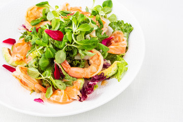 Healthy Salad. Recipe for fresh seafood. Grilled shrimps, prawns, fresh salad lettuce and avocado slices. Healthy Eating. White background. Horizontal photo.
