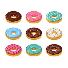 Set of cartoon colorful donuts isolated on white background. Donut isometric icon, concept unhealthy food, fast foods for menu design, cafe decoration, delivery box. vector illustration in flat style