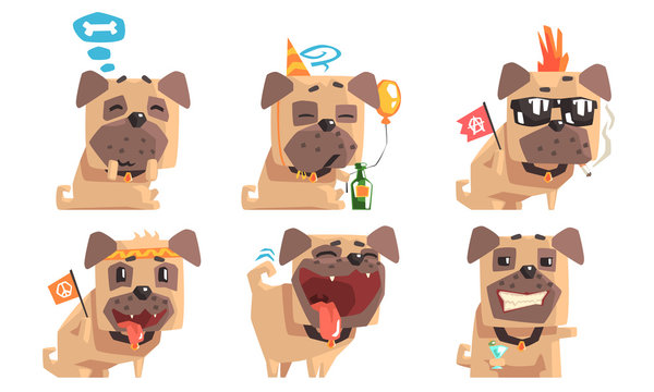 Cute Pug Dog with Various Emotions Set, Adorable Funny Animal Cartoon Character in Different Situations Vector Illustration