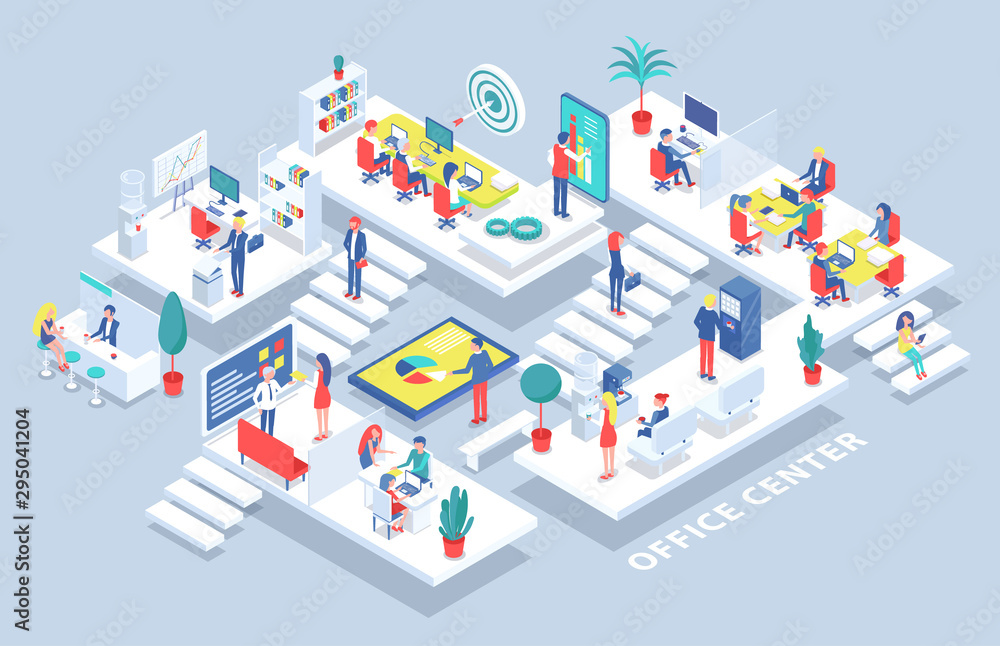 Poster office center, people working with clients support vector. operators communicating with customers, t