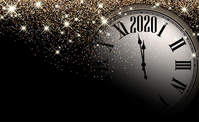 Fototapeta na wymiar Gold shiny 2020 New Year background with clock. Greeting card.