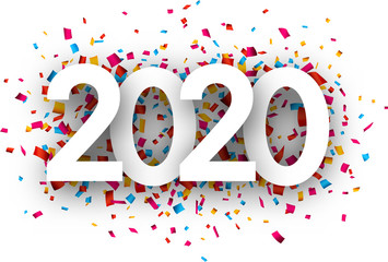 New Year 2020 greeting card with colorful confetti.