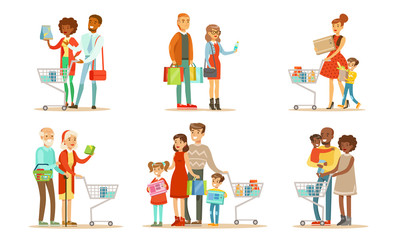Fototapeta premium People Carrying Shopping Bags and Pushing Carts with Purchases Set, Family Couples and Parents with Kids Buying Groceries and Taking Part in Seasonal Sale at Store Vector Illustration