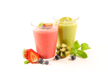 fruit juice, smoothie with strawberry, blueberry and kiwi isolated on white background