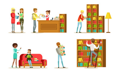 People in Library Set, Visitors and Students Reading, Studying and Preparing for Examination Vector Illustration