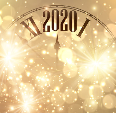 Golden shining 2020 New Year background with clock.