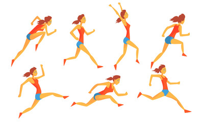 Woman Dressed in Sportswear Running Set, Female Athlete in Motion, Sportswoman Character Participating in Long or Short Distance Vector Illustration