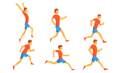 Young Man Dressed in Sportswear Running Set, Male Athlete in Motion, Sportsman Character Participating in Long or Short Distance Cartoon Vector Illustration