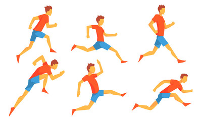Fototapeta na wymiar Man Dressed in Sportswear Running Set, Male Athlete in Motion, Sportsman Character Participating in Long or Short Distance Cartoon Vector Illustration