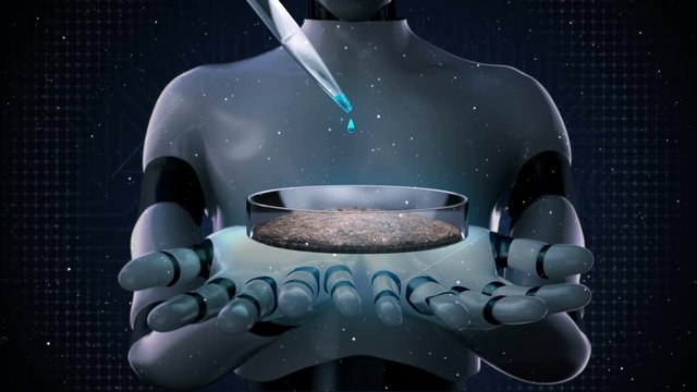 Robot opens two palms, young plant with root above petri dish with soil. Biotechnology, Smart agriculture, plant care and protection concept. 4k animation.2. 