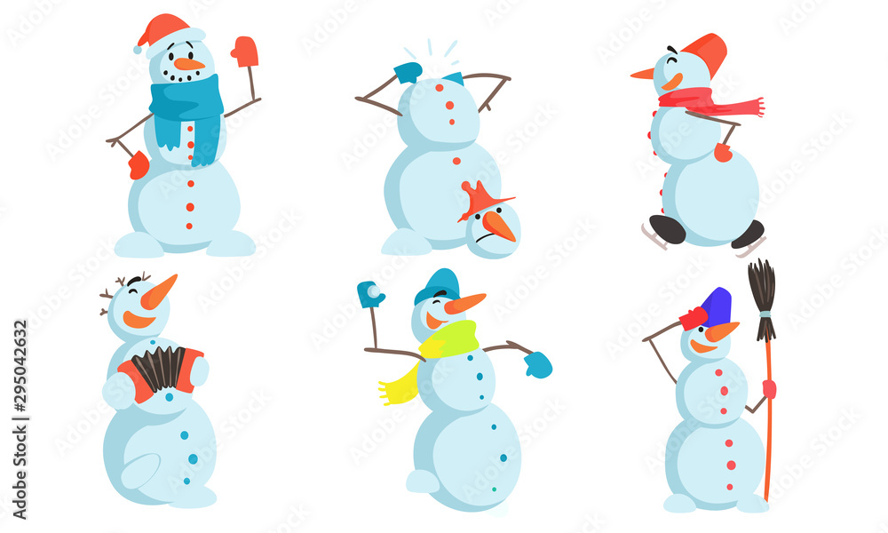 Wall mural funny snowmen set, winter christmas humanized character in action vector illustration